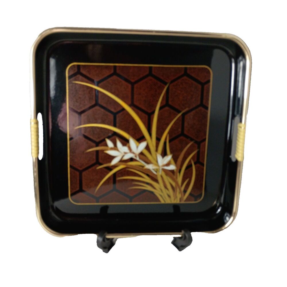 Black Laquer  MCM Tray 10" Asian Japanese Unique Bar Ware Botanical
